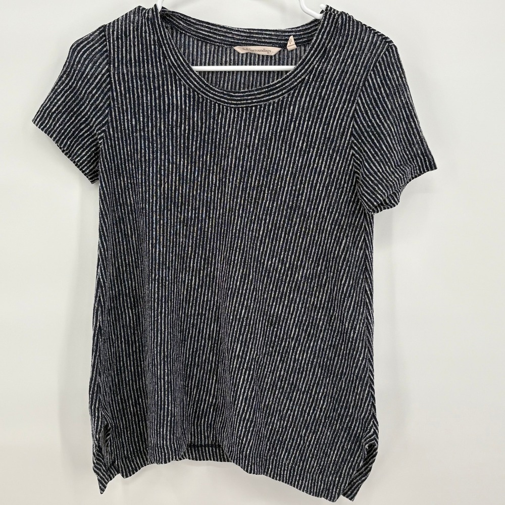 Soft Surroundings Womens PXS Black/Grey Striped Short Sleeve Knit Top USA